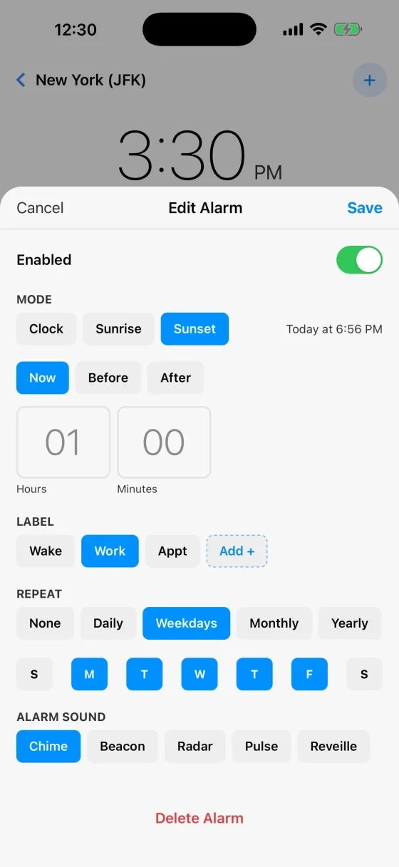 The same Edit Alarm sheet with Mode set to Sunset. Beside the buttons it reads 