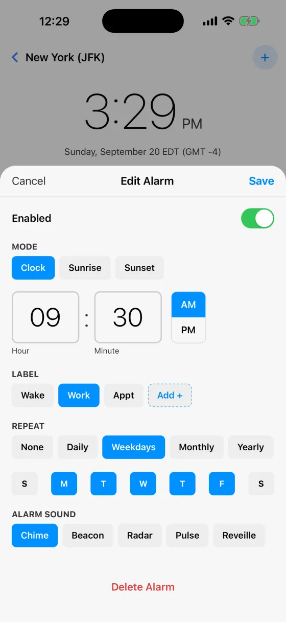 The Edit Alarm sheet with Mode set to Clock, the time 09:30 AM, the label Work, repeating on weekdays, and the Chime sound selected.