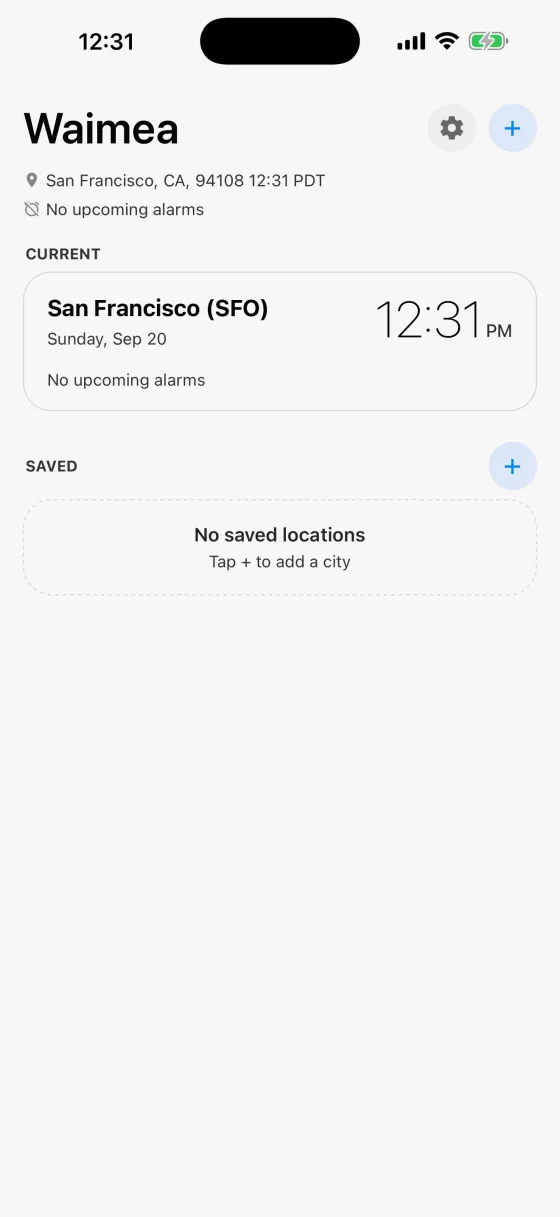 Waimea on first open: the current city, San Francisco (SFO), with no alarms, and an empty SAVED section reading 